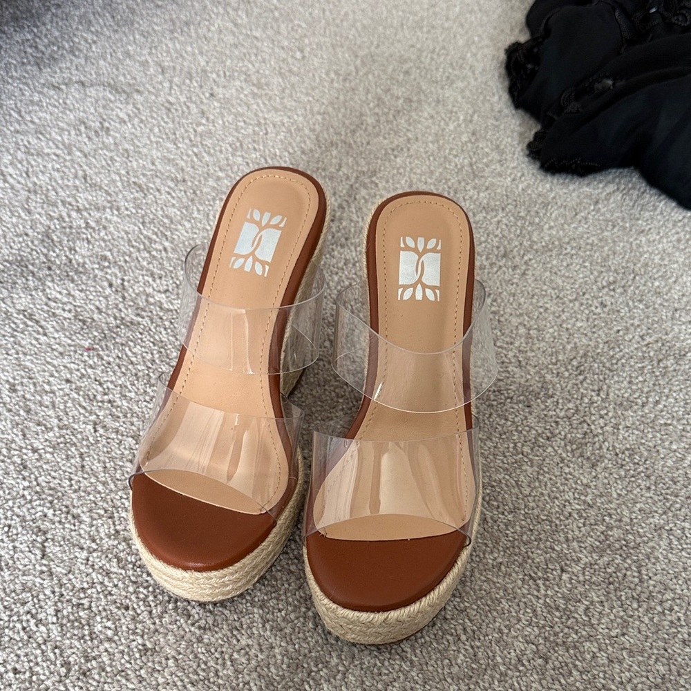 Clear Strap Wedge Sandals - Brown